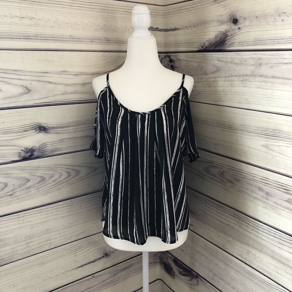 Lush Black & White Striped Cold Shoulder Tank XS